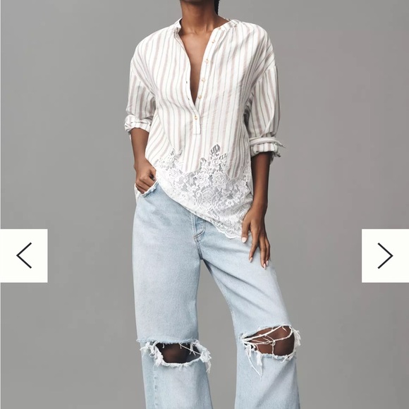Anthropologie Tops - Anthropologie Pilcro Striped Cotton Blouse with Lace Hem